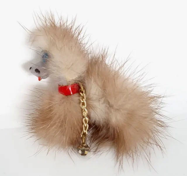Vintage Fluffy Furry Dog Brooch With Collar And Chain
