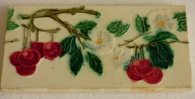Wow ART NOUVEAU Tile Cherry Flowers & Fruit Halftile Morialme NOS Belgium Tegel