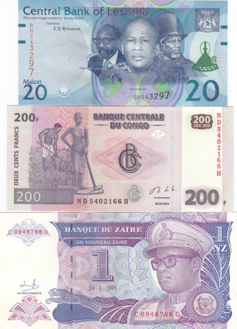 Lesotho, Kongo, Zaire, Set Mit 3 Verschiedene Länder Banknoten, Alle UNC