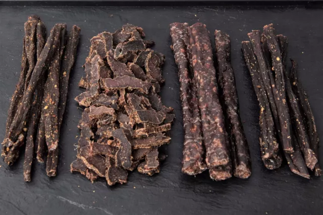 Biltong Variationen (Stöcke - geschnitten - Bisse - trockene Verzehrungen) von 250g bis 1 kg