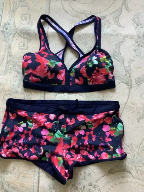 George Two Piece Navy Floral Tankini, With Boy Shorts, Top Size 18, Bottoms 16,