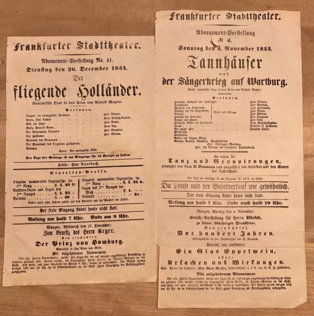 1854 Frankfurter Stadttheater 2 Plakate: Wagner:Fliegende Holländer / Tannhäuser