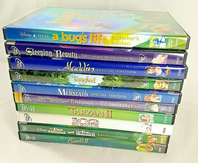10 Disney Pixar DVDs - Bug's Life,Sleeping Beauty,Aladdin,Tangled,Little Mermaid