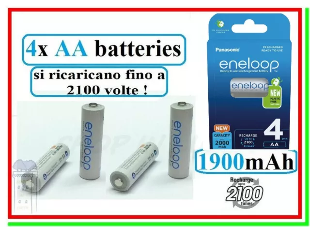 4 Eneloop Panasonic Pile Batterie Ricaricabili STILO AA 1900mAh 2100 cicli