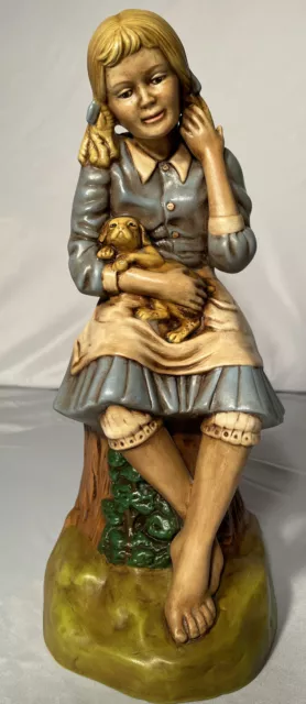 Vintage Holland Mold Girl Sitting On Tree Stump Holding Dog Puppy 1971 16” Tall