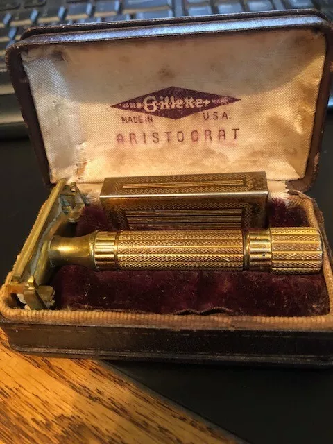 1940s Gillette Aristocrat Gold Safety Razor Set with Case & Blade Holder.