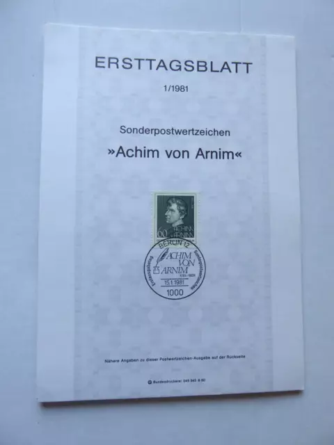 Ersttagsblatt ETB Berlin 1981: Nr. 1 "Achim von Arnim", Erstausgabestemp.