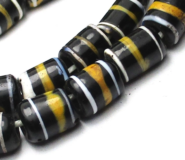 18 Rare Pristine Old Small Black/White/Yellow Venetian Cylinder Antique Beads
