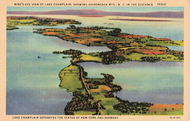 Bird's Eye View of Lake Champlain Adirondacks New York Vintage PC 1933