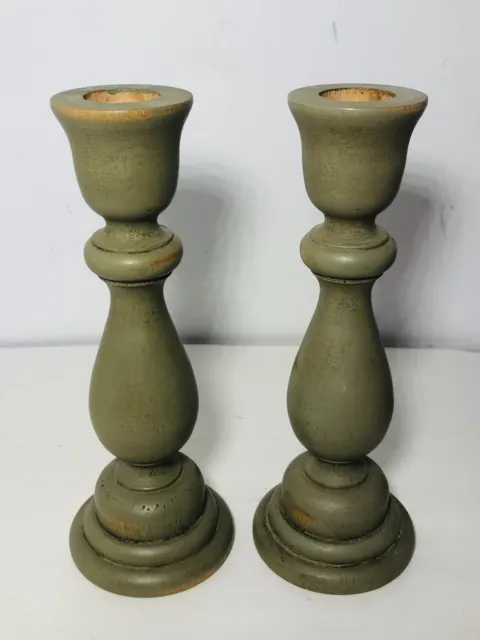 2 Pair Shabby chic￼ Vintage Wood Turned Candlestick Holders Pale Green-Gray