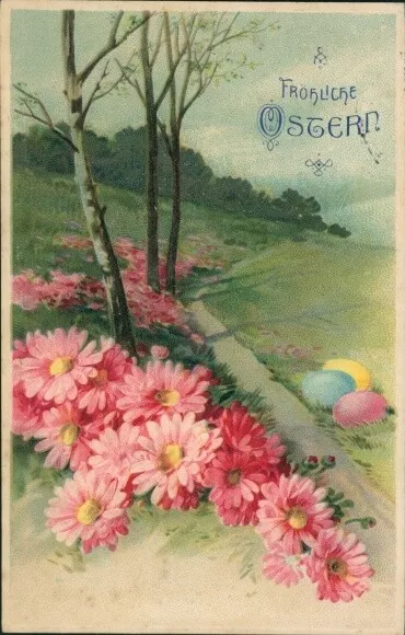 Präge Ak Glückwunsch Ostern, Ostereier, Blumen, Bäume - 3927192