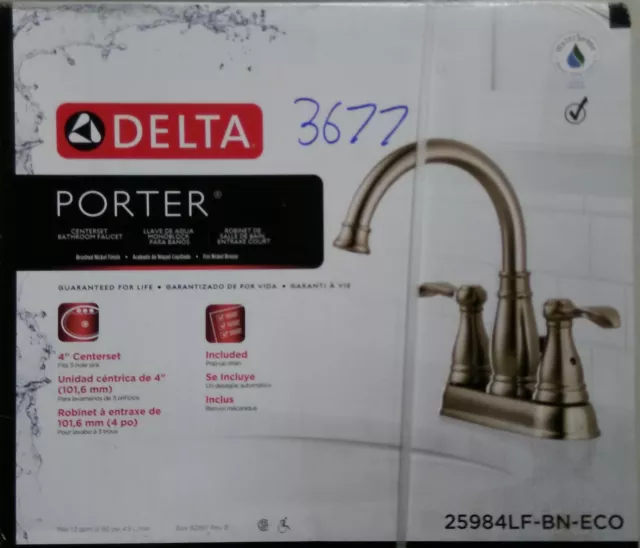Delta Faucet With Pop-Up Low Lead Two Handle 4 " Centers B. Nickel Lever Handles