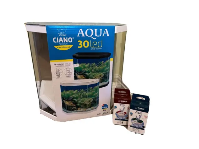 Ciano 25L Fish tank with filter, light, spare filter cartridges.  Unopened.