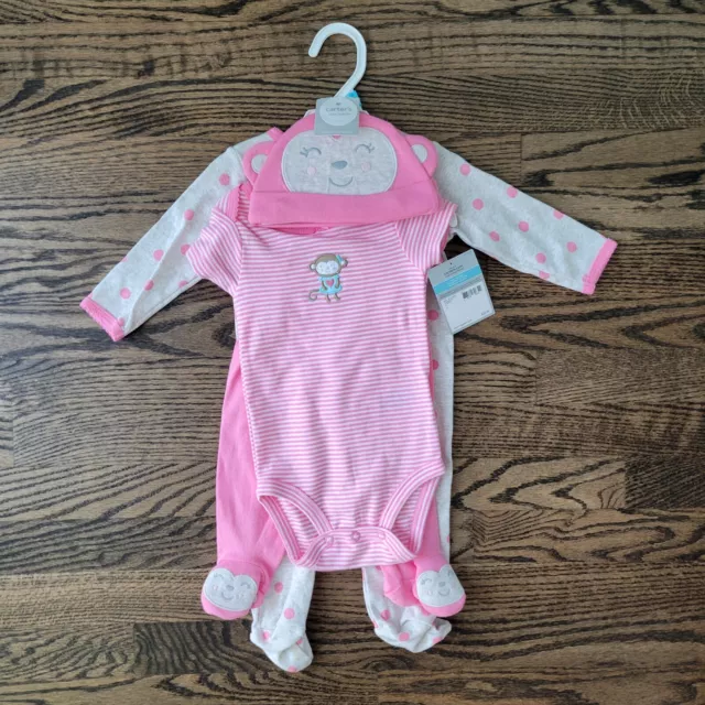 NWT Carters Baby Girl 6M ~ Layette 4 Piece Set Monkey Bodysuit/Pants/Hat/Pajamas