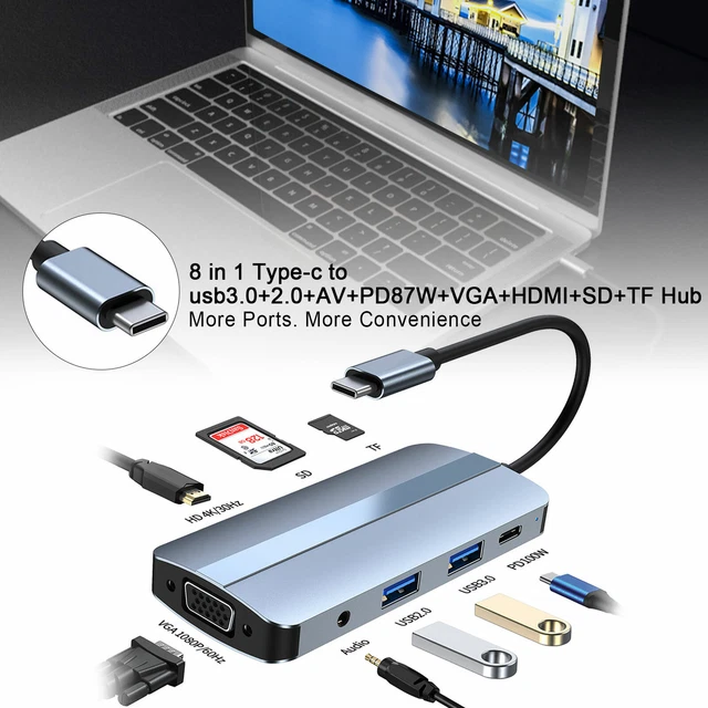 8 in 1 USB C Hub USB 3.0 to Type C 4K HDTV Adapter for Macbook Pro/Air Mac YU