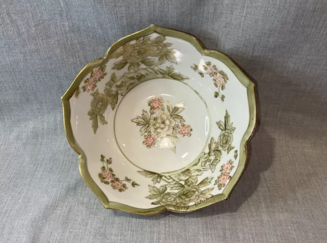 Vintage LJ Japan Porcelain Lotus Bowl Floral Hand Painted With Gold Trim