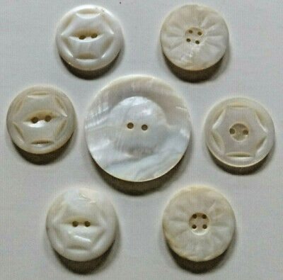 7 Vtg MOP Carved White Mother of Pearl Shell Buttons 2-hole 6 @ 7/8"