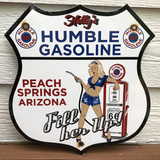 Vintage 1958 Dated Holly’s Humble Gasoline Porcelain Gas Highway Sign Route 66