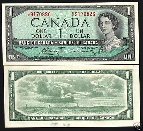 CANADA 1 DOLLAR P-75 C 1954 YOUNG QUEEN PRAIRIE UNC Canadian MONEY BANK NOTE