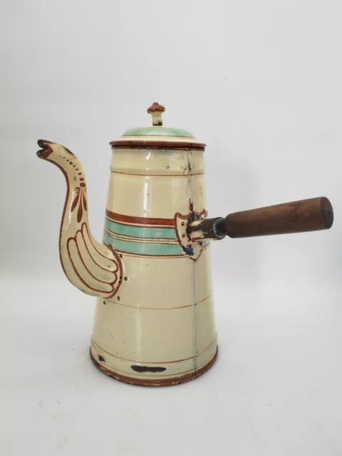 Ancienne Cafetière/Chocolatière Émaillée à Manche en Bois et Motif Floral 22cm