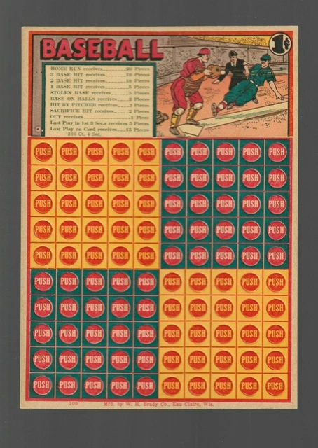 Vintage Baseball Punch Card Game Board  1c Punchcard W.H. BRADY