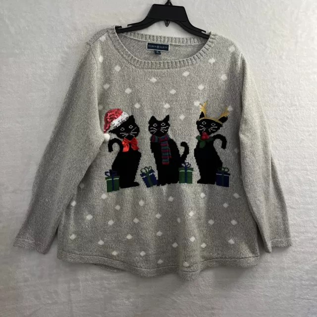 Karen Scott Cat Sweater Womans Plus 1X Christmas Gray Long Sleeve Round Neck