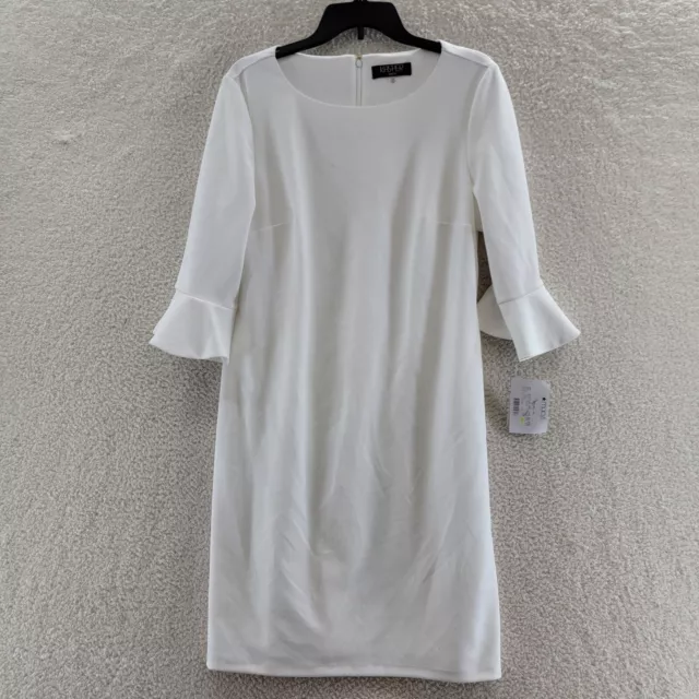 KASPER Sheath Dress Women's 10 White Solid Crew Neck Ruffle 3/4 Sleeve*