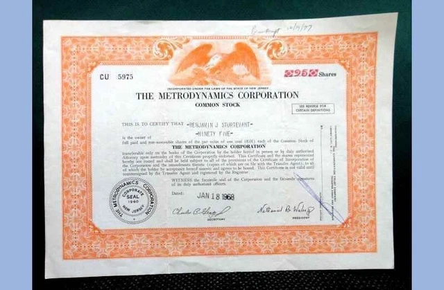 1968 vintage METRODYNAMICS CORPORATION STOCK CERTIFICATE bankrupt 1977