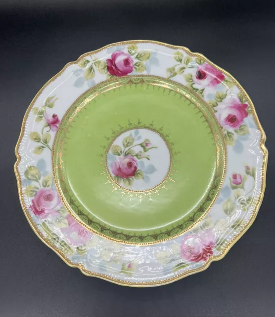 Antique RC Noritake Nippon Hand Painted Rose Bud Green Gold Trim Moriage Plate