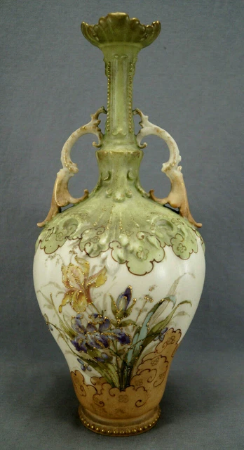 RSTK Turn-Teplitz #334 Purple & Yellow Lilies Green Blush Ivory 13 3/4 Inch Vase