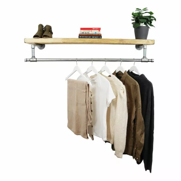 Industrial Clothes Rail Silver Steel Pipe & Solid Wood Shelf - Tee Fitting Style