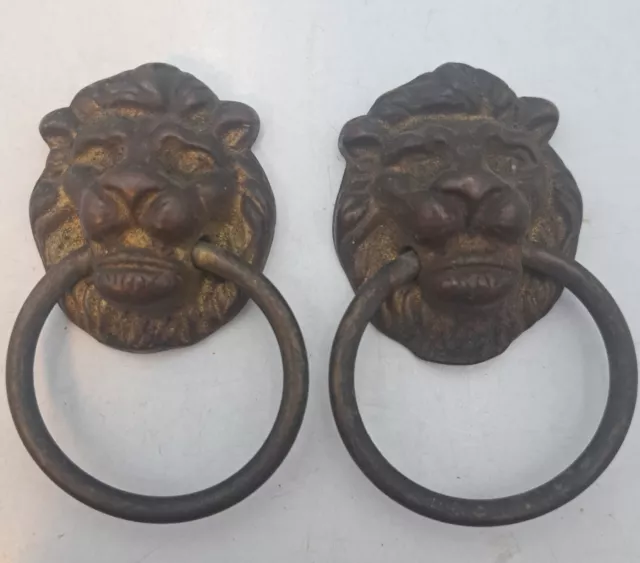 Vintage Brass Lion Heads w/ Ring Drawer Cabinet Door Chest Pulls Knobs Lot Of 2