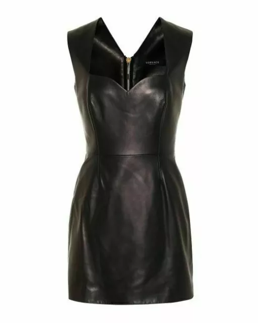Real Leather Mini Club wear Bodycon slim sit dress with zipper details for Women