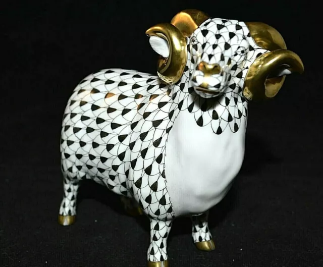 HEREND, ENGLISH RAM with GOLDEN HORNS PORCELAIN FIGURINE, BLACK, FLAWLESS 3