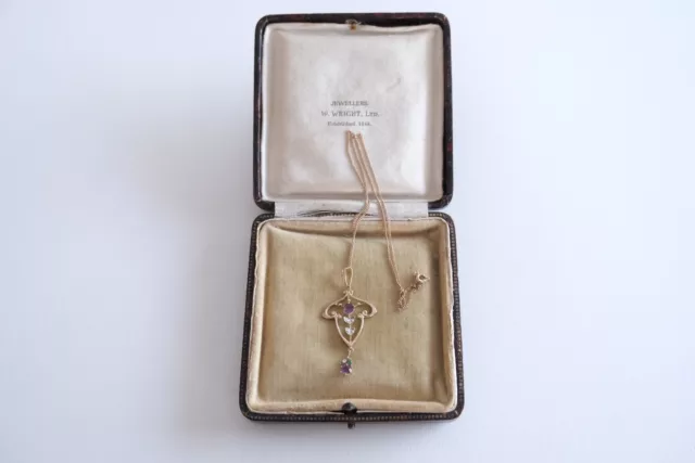 Suffragette Art Nouveau 9Ct Yellow Gold Amethyst Pendant & 9Ct Gold Chain, Box