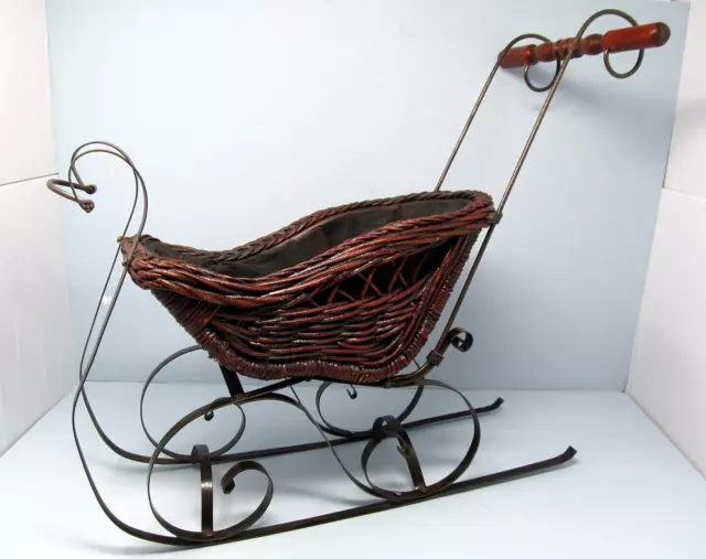 VINTAGE Wrought Iron & Wicker SLEIGH with Wood Handle ~ 19" x 21" x 9"