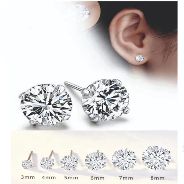 Women Men Genuine 925 Solid Sterling Silver Cubic Zirconia Round Stud Earrings