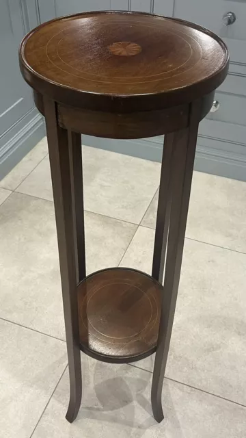 Antique Tall Round Wooden Side Table Plant Stand With Shelf