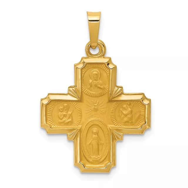 14K Yellow Gold Polished & Satin Finish Four Way Cross Medal Religious Pendant