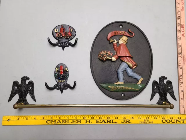VTG Cast Iron Lot Bar Eagle Emblem EMIG Plate Coat Hook Fire Fighters Painted