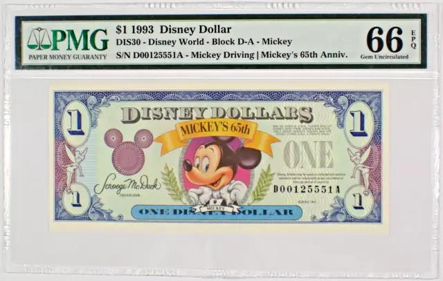 1993 $1 Disney Dollar - DIS30 Mickey Driving - DA Block - PMG 66 EPQ