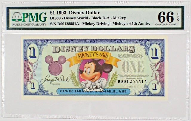 1993 $1 Disney Dollar - DIS30 Mickey Driving - DA Block - PMG 66 EPQ 1993 $1 Disney Dollar - DIS30 Mickey Driving - DA Block - PMG 66 EPQ