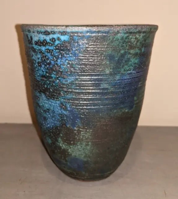 Raku Art Pottery Vase Planter Turquoise Blue Iridescent Artist Signed Lyr