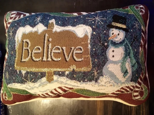 "Believe" Winter Themed Snowman Tapestry Throw Pillow