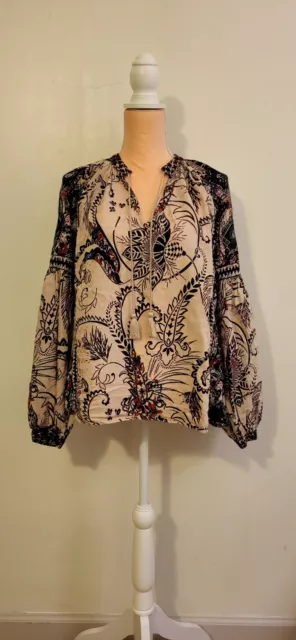 Lucky Brand women's L 100% cotton longsleeve floral boho tunic blouse India