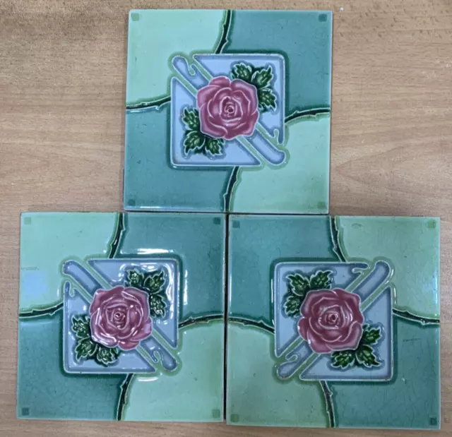Tiles 3 pc England Rare Antique Vintage Art Deco Majolica Collectible