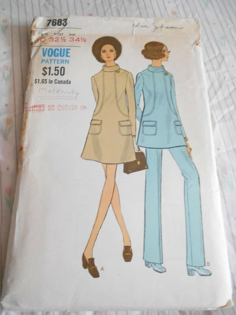 Vogue Vestido De Maternidad Pantalones Túnica Patrón 7683 Talla 10 Busto 32 1/2 Cadera 34 1/2