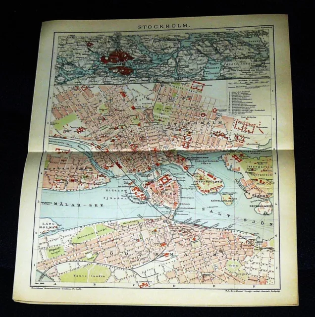 STOCKHOLM Stadtplan Stadtumgebungsplan Schweden Landkarte Lithographie von 1898
