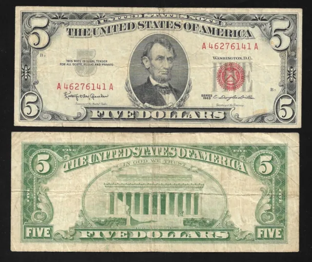 US $5.00 (Red Seal) Note - Series 1963 - Circulated
