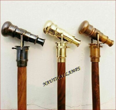 3 PC SET HIDDEN SPY STEAMPUNK TELESCOPE ANTIQUE Brass Wooden Walking Stick Cane
